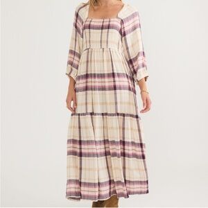 Marine Layer Ivy Smocked Dress Cream Rose Plaid Size Small Peasant Cottagecore